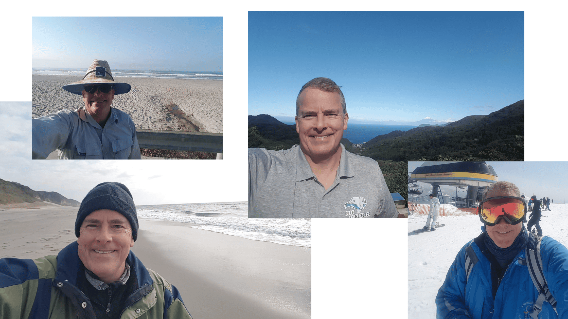 A collage of selfie photos with beach, snow, and forest backgrounds.